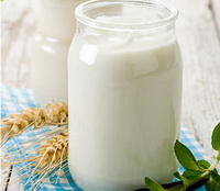 two glass bottles of Yogurt and some wheat spikes